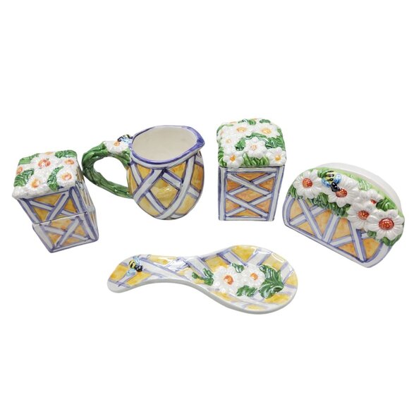 Vintage Glazed Ceramic Daisy and Honeybee Farmhouse Style 7 piece Tabletop Set - Picture 7 of 10